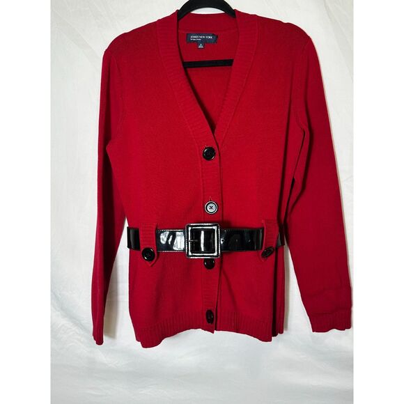 Jones New York Signature Women's Front Button Red Cardigan Size M Belted - Picture 2 of 6